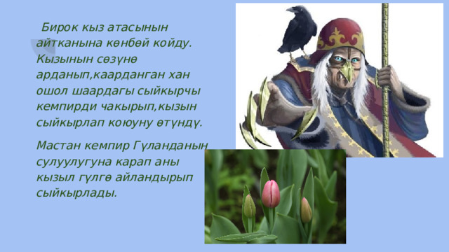  Бирок кыз атасынын айтканына көнбөй койду. Кызынын сөзүнө арданып,каарданган хан ошол шаардагы сыйкырчы кемпирди чакырып,кызын сыйкырлап коюуну өтүндү. Мастан кемпир Гүланданын сулуулугуна карап аны кызыл гүлгө айландырып сыйкырлады. 