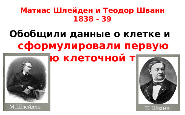 Матиас Шлейден и Теодор Шванн  1838 - 39 Обобщили данные о клетке и сформулировали первую версию клеточной теории 