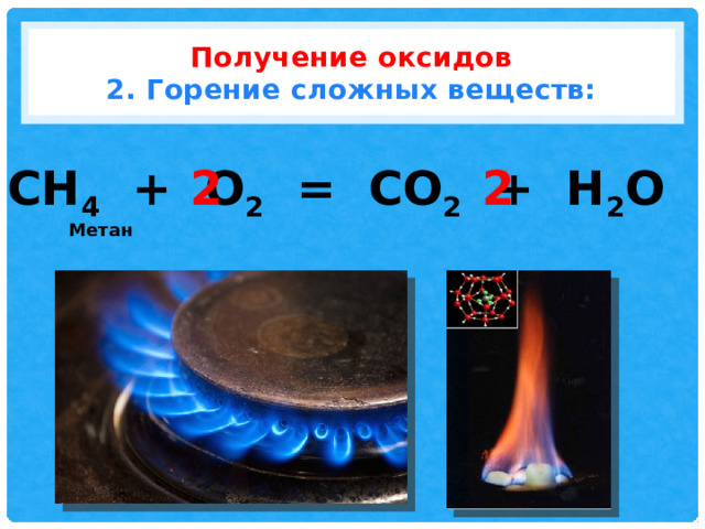 Получение оксидов  2. Горение сложных веществ: CH 4 + O 2 = CO 2 + H 2 O 2 2 Метан 