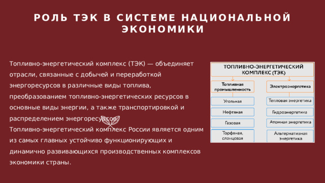 РОЛЬ ТЭК В СИСТЕМЕ НАЦИОНАЛЬНОЙ ЭКОНОМИКИ Топливно-энергетический комплекс (ТЭК) — объединяет отрасли, связанные с добычей и переработкой энергоресурсов в различные виды топлива, преобразованием топливно-энергетических ресурсов в основные виды энергии, а также транспортировкой и распределением энергоресурсов. Топливно-энергетический комплекс России является одним из самых главных устойчиво функционирующих и динамично развивающихся производственных комплексов экономики страны. 1 