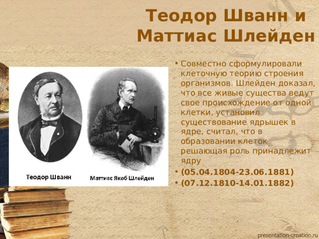 Теодор Шванн и Маттиас Шлейден Совместно сформулировали клеточную теорию строения организмов. Шлейден доказал, что все живые существа ведут свое происхождение от одной клетки, установил существование ядрышек в ядре, считал, что в образовании клеток решающая роль принадлежит ядру (05.04.1804-23.06.1881) (07.12.1810-14.01.1882)  