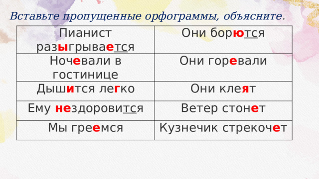 Вставьте пропущенные орфограммы, объясните . Пианист раз ы грыва е тс я Они бор ю тс я Ноч е вали в гостинице Они гор е вали Дыш и тся ле г ко Они кле я т Ему не здорови тс я Ветер стон е т Мы гре е мся Кузнечик стрекоч е т 