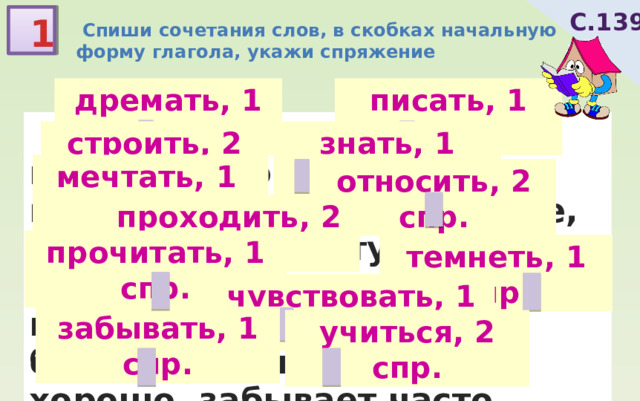 С.139 1  Спиши сочетания слов, в скобках начальную форму глагола, укажи спряжение дремать, 1 спр. писать, 1 спр.  дремлешь у окна, пишешь письмо, строит дома, знаем правила, мечтает о поездке, относишь на почту, проходим по мосту, прочитает выразительно, темнеет быстро, чувствует себя хорошо, забывает часто, учится на пятёрки строить, 2 спр. знать, 1 спр. мечтать, 1 спр. относить, 2 спр. проходить, 2 спр. прочитать, 1 спр. темнеть, 1 спр. чувствовать, 1 спр. забывать, 1 спр. учиться, 2 спр. 