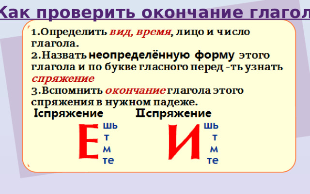 Как проверить окончание глагола 1.Определить вид, время , лицо и число глагола. 2.Назвать неопределённую форму этого глагола и по букве гласного перед -ть узнать спряжение 3.Вспомнить окончание глагола этого спряжения в нужном падеже.  Іспряжение  Ⅱспряжение  шь шь т т м м те те Е И 