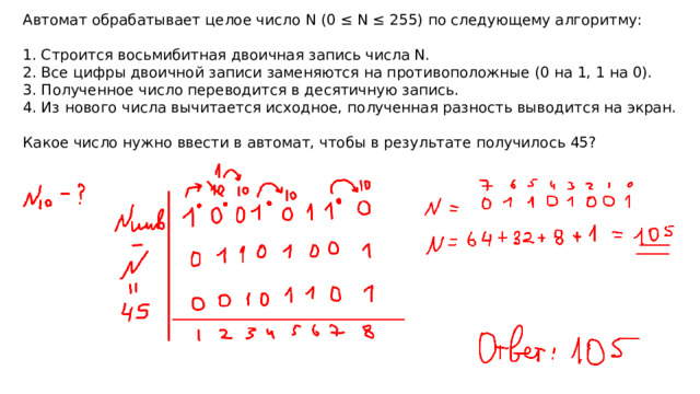 Автомат обрабатывает целое число N (0 ≤ N ≤ 255) по следующему алгоритму: 1. Строится восьмибитная двоичная запись числа N. 2. Все цифры двоичной записи заменяются на противоположные (0 на 1, 1 на 0). 3. Полученное число переводится в десятичную запись. 4. Из нового числа вычитается исходное, полученная разность выводится на экран. Какое число нужно ввести в автомат, чтобы в результате получилось 45? 