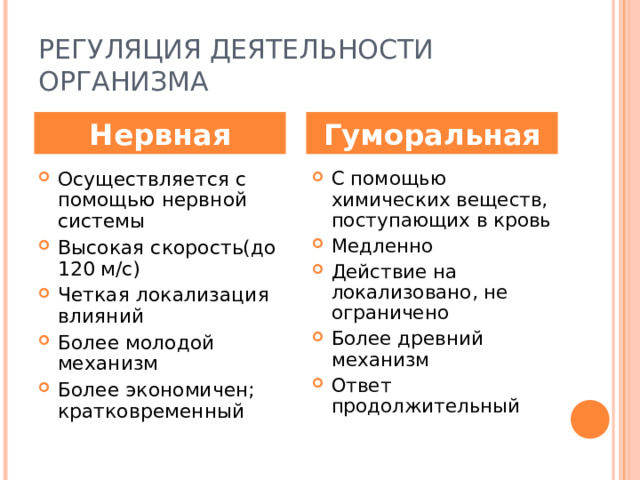 РЕГУЛЯЦИЯ ДЕЯТЕЛЬНОСТИ ОРГАНИЗМА Нервная Гуморальная Осуществляется с помощью нервной системы Высокая скорость(до 120 м/с) Четкая локализация влияний Более молодой механизм Более экономичен; кратковременный  С помощью химических веществ, поступающих в кровь Медленно Действие на локализовано, не ограничено Более древний механизм Ответ продолжительный 