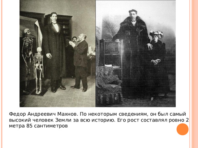 Федор Андреевич Махнов. По некоторым сведениям, он был самый высокий человек Земли за всю историю. Его рост составлял ровно 2 метра 85 сантиметров    