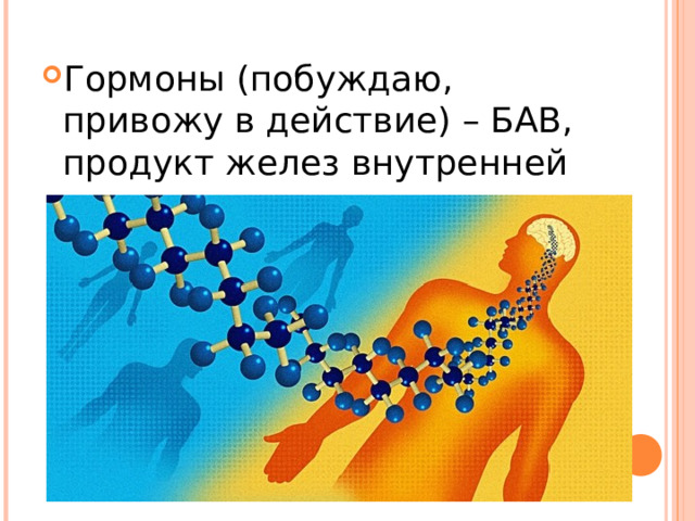 Гормоны (побуждаю, привожу в действие) – БАВ, продукт желез внутренней секреции.  