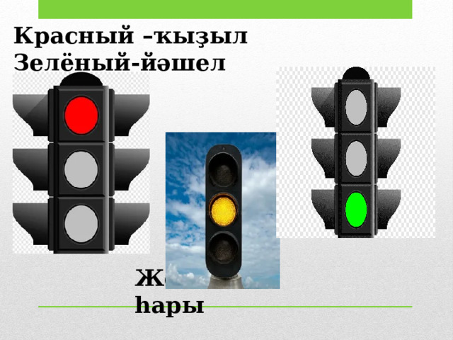 Красный –ҡыҙыл Зелёный-йәшел Жёлтый-һары 