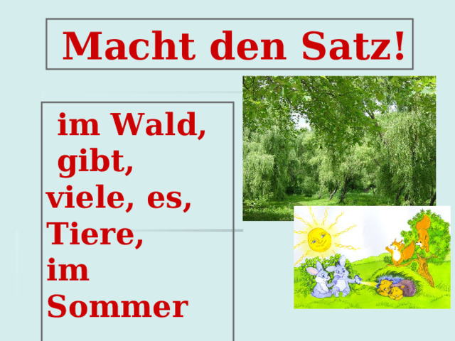  Macht den Satz!  im Wald,  gibt, viele, es, Tiere, im Sommer  