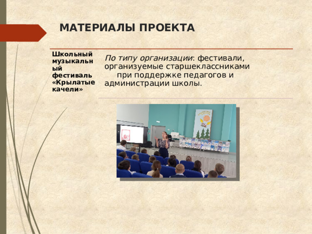 МАТЕРИАЛЫ ПРОЕКТА Школьный музыкальный фестиваль «Крылатые качели» По типу организации : фестивали, организуемые старшеклассниками при поддержке педагогов и администрации школы. 