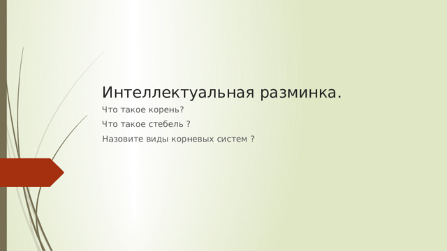 Интеллектуальная разминка. Что такое корень? Что такое стебель ? Назовите виды корневых систем ? 