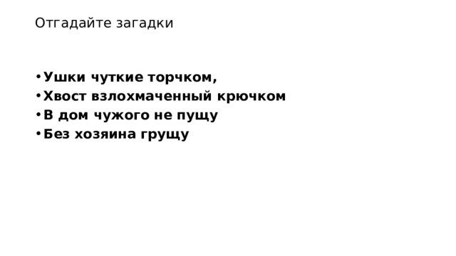 Отгадайте загадки    Ушки чуткие торчком, Хвост взлохмаченный крючком В дом чужого не пущу Без хозяина грущу 
