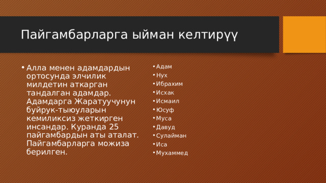 Пайгамбарларга ыйман келтирүү Алла менен адамдардын ортосунда элчилик милдетин аткарган тандалган адамдар. Адамдарга Жаратуучунун буйрук-тыюуларын кемиликсиз жеткирген инсандар. Куранда 25 пайгамбардын аты аталат. Пайгамбарларга можиза берилген. Адам Нух Ибрахим Исхак Исмаил Юсуф Муса Давуд Сулайман Иса Мухаммед 