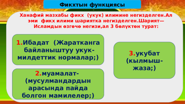 Фикхтын функциясы Ханафий мазхабы фикх (укук) илимине негизделген.Ал эми фикх илими шариятка негизделген.Шарият—Исламдын өзгөчө негизи,ал 3 бөлүктөн турат: 1. Ибадат (Жаратканга байланыштуу укук-милдеттик нормалар;) 3. укубат (кылмыш-жаза;) 2. муамалат- (мусулмандардын арасында пайда болгон мамилелер;) 