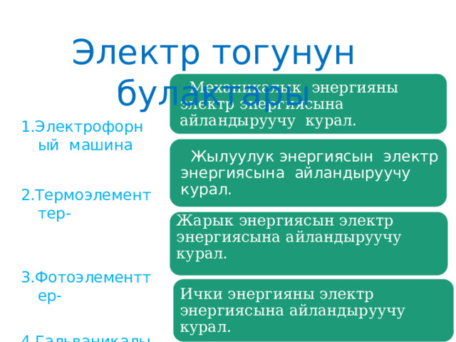 Электр тогунун булактары  Механикалык энергияны электр энергиясына айландыруучу курал. 1.Электрофорный машина 2.Термоэлементтер- 3.Фотоэлементтер- 4.Гальваникалык элементтер-  Жылуулук энергиясын электр энергиясына айландыруучу курал. Жарык энергиясын электр энергиясына айландыруучу курал. Ички энергияны электр энергиясына айландыруучу курал. 