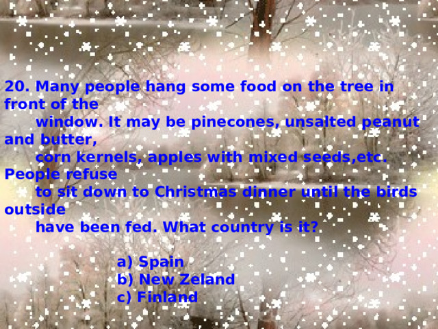 20. Many people hang some food on the tree in front of the  window. It may be pinecones, unsalted peanut and butter,  corn kernels, apples with mixed seeds,etc. People refuse  to sit down to Christmas dinner until the birds outside  have been fed. What country is it?   a) Spain  b) New Zeland  c) Finland 