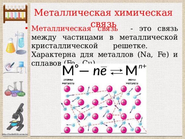Металлическая химическая связь Металлическая связь - это связь  между частицами в металлической кристаллической решетке. Характерна для металлов (Na, Fe) и сплавов (Fe - Cu) 
