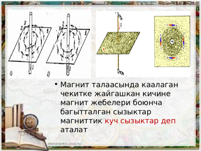 Магнит талаасында каалаган чекитке жайгашкан кичине магнит жебелери боюнча багытталган сызыктар магниттик куч сызыктар деп аталат 