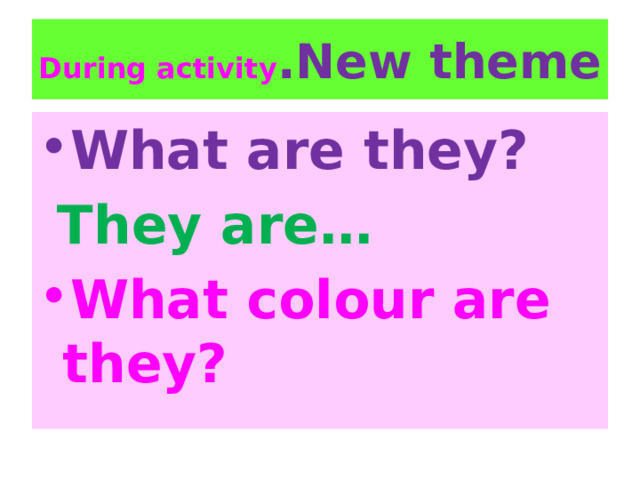 During activity .New theme What are they?  They are… What colour are they? 