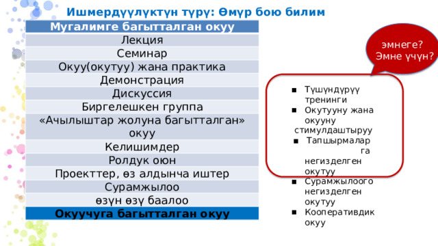 Ишмердүүлүктүн түрү: Өмүр бою билим алуу Мугалимге багытталган окуу Лекция Семинар Окуу(окутуу) жана практика Демонстрация Дискуссия Биргелешкен группа «Ачылыштар жолуна багытталган» окуу Келишимдер Ролдук оюн Проекттер, өз алдынча иштер Сурамжылоо өзүн өзү баалоо Окуучуга багытталган окуу эмнеге? Эмне үчүн? Түшүндүрүү тренинги Окутууну жана окууну стимулдаштыруу Тапшырмаларга негизделген окутуу Сурамжылоого негизделген окутуу Кооперативдик окуу 