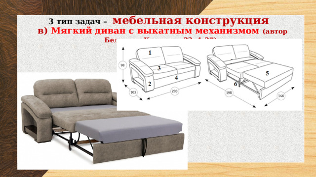 3 тип задач – мебельная конструкция  в) Мягкий диван с выкатным механизмом (автор Белякова К. группа 23п1-27) 