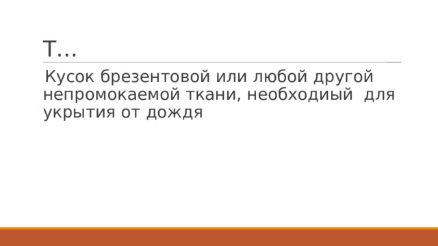 Т… Кусок брезентовой или любой другой непромокаемой ткани, необходиый для укрытия от дождя 