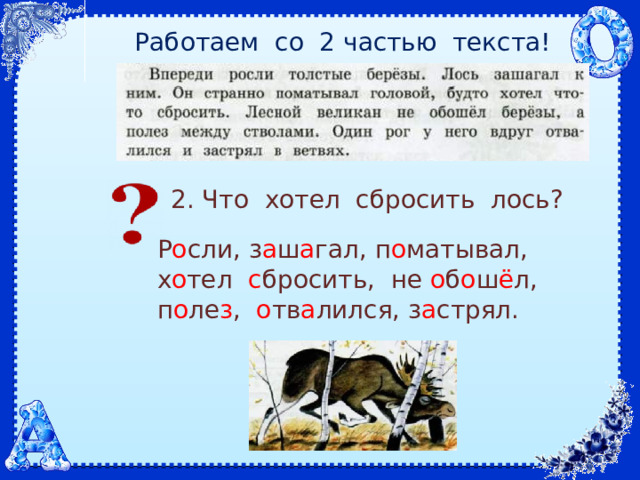 Работаем со 2 частью текста! 2. Что хотел сбросить лось? Р о сли, з а ш а гал, п о матывал, х о тел с бросить, не о б о ш ё л, п о ле з , о тв а лился, з а стрял. 