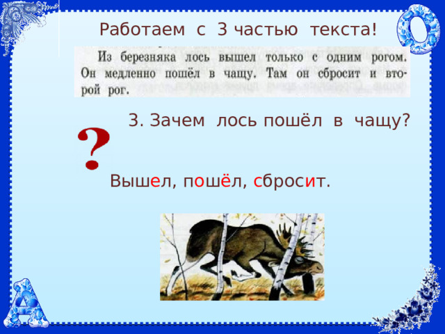 Работаем с 3 частью текста! 3. Зачем лось пошёл в чащу? Выш е л, п о ш ё л, с брос и т. 