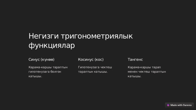 Негизги тригонометриялык функциялар Синус (күнөө) Косинус (кос) Тангенс Карама-каршы тараптын гипотенузага болгон катышы. Гипотенузага чектеш тараптын катышы. Карама-каршы тарап менен чектеш тараптын катышы.  