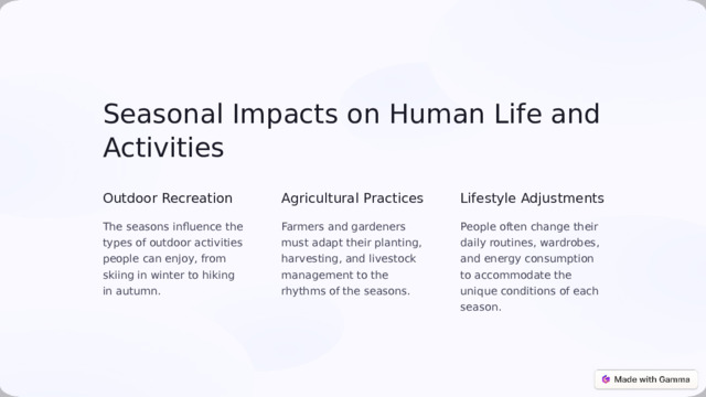  Seasonal Impacts on Human Life and Activities Outdoor Recreation Agricultural Practices Lifestyle Adjustments The seasons influence the types of outdoor activities people can enjoy, from skiing in winter to hiking in autumn. Farmers and gardeners must adapt their planting, harvesting, and livestock management to the rhythms of the seasons. People often change their daily routines, wardrobes, and energy consumption to accommodate the unique conditions of each season. 