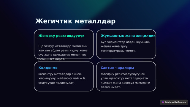 Жегичтик металлдар Жумшактык жана жеңилдик Жогорку реактивдүүлүк Бул элементтер абдан жумшак, жеңил жана эрүү температурасы төмөн. Щелочтуу металлдар химиялык жактан абдан реактивдүү жана суу жана кычкылтек менен тез реакцияга кирет. Колдонмо Сактык чаралары щелочтуу металлдар айнек, жарылуучу, майлоочу май ж.б. өндүрүүдө колдонулат. Жогорку реактивдүүлүгүнөн улам щелочтуу металлдар өтө кылдат жана коопсуз мамилени талап кылат.  