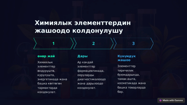 Химиялык элементтердин жашоодо колдонулушу өнөр жай Дары Күнүмдүк жашоо Химиялык элементтер өндүрүштө, курулушта, энергетикада жана башка көптөгөн тармактарда колдонулат. Ар кандай элементтер фармацевтикада, ооруларды диагностикалоодо жана дарылоодо колдонулат. Элементтер тиричилик буюмдарында, тамак-ашта, косметикада жана башка товарларда бар.  
