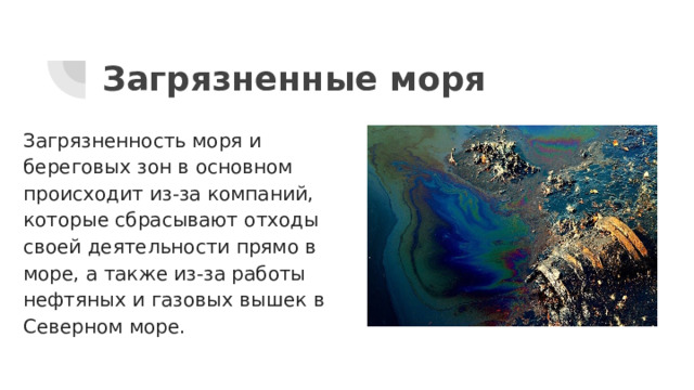 Загрязненные моря Загрязненность моря и береговых зон в основном происходит из-за компаний, которые сбрасывают отходы своей деятельности прямо в море, а также из-за работы нефтяных и газовых вышек в Северном море. 