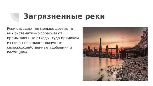 Загрязненные реки   Реки страдают не меньше других - в них систематично сбрасывают промышленные отходы, туда прямиком из почвы попадают токсичные сельскохозяйственные удобрения и пестициды. 