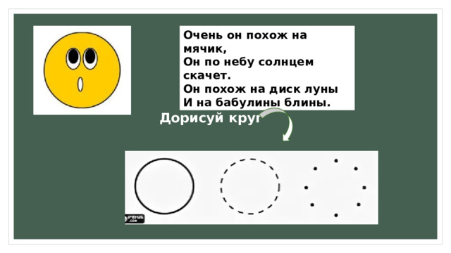 Очень он похож на мячик,  Он по небу солнцем скачет.  Он похож на диск луны  И на бабулины блины. Дорисуй круг 