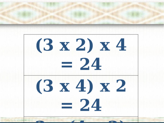 (3 х 2) х 4 = 24 (3 х 4) х 2 = 24 3 х (4 х 2) = 24 
