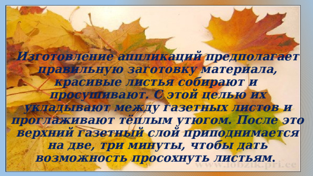 Изготовление аппликаций предполагает правильную заготовку материала, красивые листья собирают и просушивают. С этой целью их укладывают между газетных листов и проглаживают тёплым утюгом. После это верхний газетный слой приподнимается на две, три минуты, чтобы дать возможность просохнуть листьям . 
