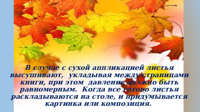 В случае с сухой аппликацией листья высушивают,  укладывая между страницами книги, при этом  давление должно быть равномерным. Когда все готово листья раскладываются на столе, и придумывается картинка или композиция. 