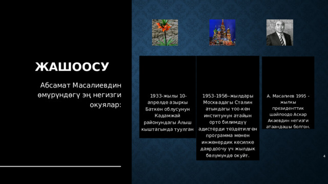 Жашоосу   1933-жылы 10-апрелде азыркы Баткен облусунун Кадамжай районундагы Алыш кыштагында туулган 1953-1956–жылдары Москвадагы Сталин атындагы тоо-кен институнун атайын орто билимдүү адистерди тездетилген программа менен инженердик кесипке даярдоочу үч жылдык бөлүмүндө окуйт. А. Масалиев 1995 - жылкы президенттик шайлоодо Аскар Акаевдин негизги атаандашы болгон. Абсамат Масалиевдин өмүрүндөгү эң негизги окуялар:   