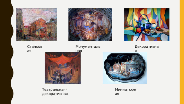 Станковая Монументальная Декоративная Театральная-декоративная Миниатюрная 