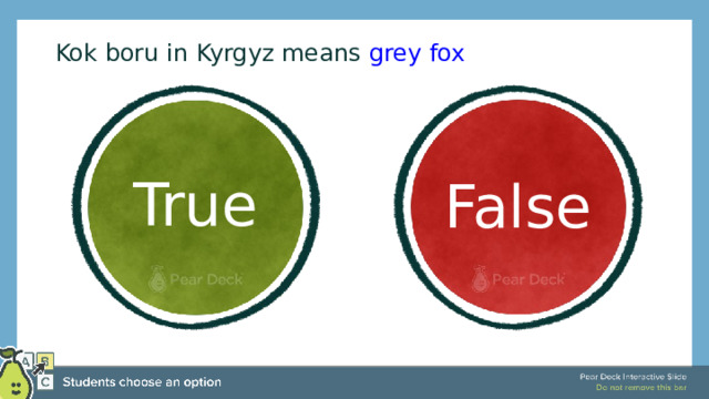  Kok boru in Kyrgyz means grey fox True False True or False Use this template to do a quick check of students’ perceptions during your lesson. 🍐 This is a Pear Deck Multiple Choice Slide. Your current options are: A: True, B: False, 🍐 To edit the type of question or choices, go back to the 