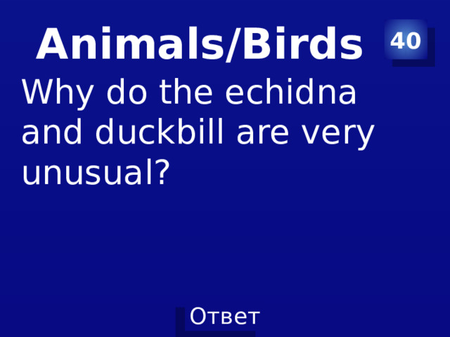 Animals/Birds 40 Why do the echidna and duckbill are very unusual? 