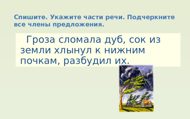 Спишите. Укажите части речи. Подчеркните все члены предложения.  Гроза сломала дуб, сок из земли хлынул к нижним почкам, разбудил их. 