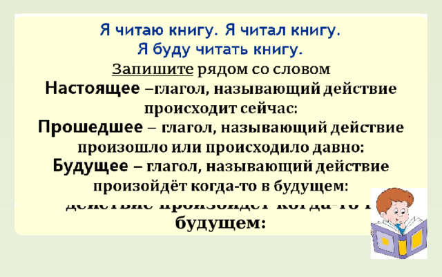Я читаю книгу. Я читал книгу. Я буду читать книгу. Запишите  рядом со словом Настоящее  ‒глагол, называющий действие происходит сейчас: Прошедшее  ‒  глагол, называющий действие произошло или происходило давно: Будущее ‒ глагол, называющий действие произойдёт когда-то в будущем: 