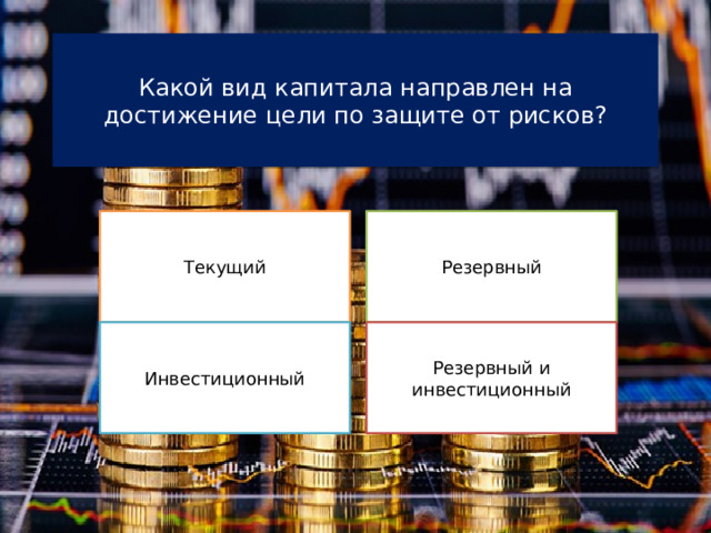 Какой вид капитала направлен на достижение цели по защите от рисков? Текущий Резервный Инвестиционный Резервный и инвестиционный 