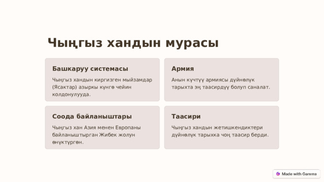 Чыңгыз хандын мурасы Армия Башкаруу системасы Анын күчтүү армиясы дүйнөлүк тарыхта эң таасирдүү болуп саналат. Чыңгыз хандын киргизген мыйзамдар (Ясактар) азыркы күнгө чейин колдонулууда. Соода байланыштары Таасири Чыңгыз хан Азия менен Европаны байланыштырган Жибек жолун өнүктүргөн. Чыңгыз хандын жетишкендиктери дүйнөлүк тарыхка чоң таасир берди.  