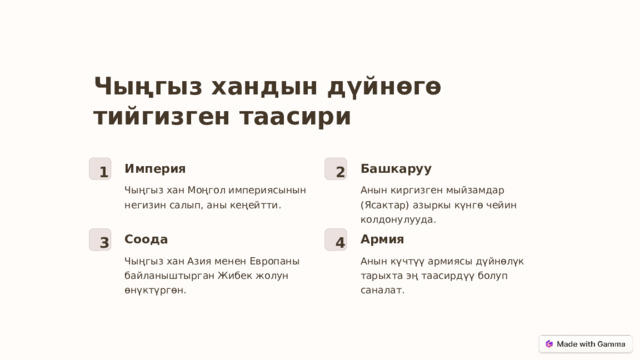 Чыңгыз хандын дүйнөгө тийгизген таасири Башкаруу Империя 1 2 Анын киргизген мыйзамдар (Ясактар) азыркы күнгө чейин колдонулууда. Чыңгыз хан Моңгол империясынын негизин салып, аны кеңейтти. Соода Армия 3 4 Чыңгыз хан Азия менен Европаны байланыштырган Жибек жолун өнүктүргөн. Анын күчтүү армиясы дүйнөлүк тарыхта эң таасирдүү болуп саналат.  