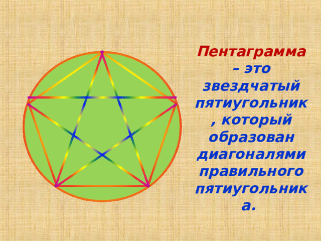 Пентаграмма – это звездчатый пятиугольник, который образован диагоналями правильного пятиугольника. 