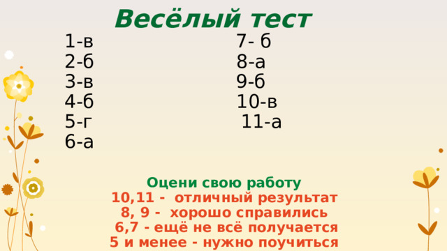 Весёлый тест 1-в 7- б 2-б 8-а 3-в 9-б 4-б 10-в 5-г 11-а 6-а Оцени свою работу  10,11 - отличный результат  8, 9 - хорошо справились  6,7 - ещё не всё получается  5 и менее - нужно поучиться   